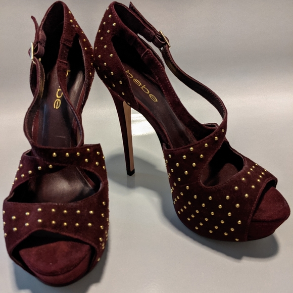 Bebe Burgundy Studded Stilleto Platform Heels 8 - Picture 1 of 4